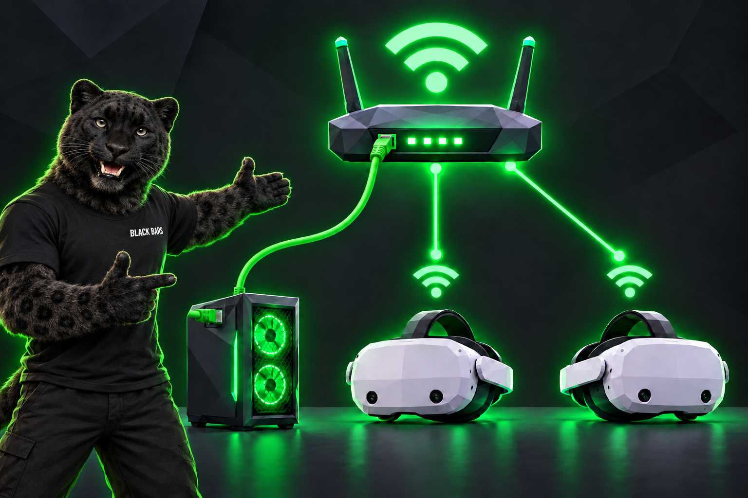 компьютер с сервером подключён к роутеру Ethernet-кабелем, а шлемы — по Wi-Fi. Все устройства находятся в одной локальной сети.